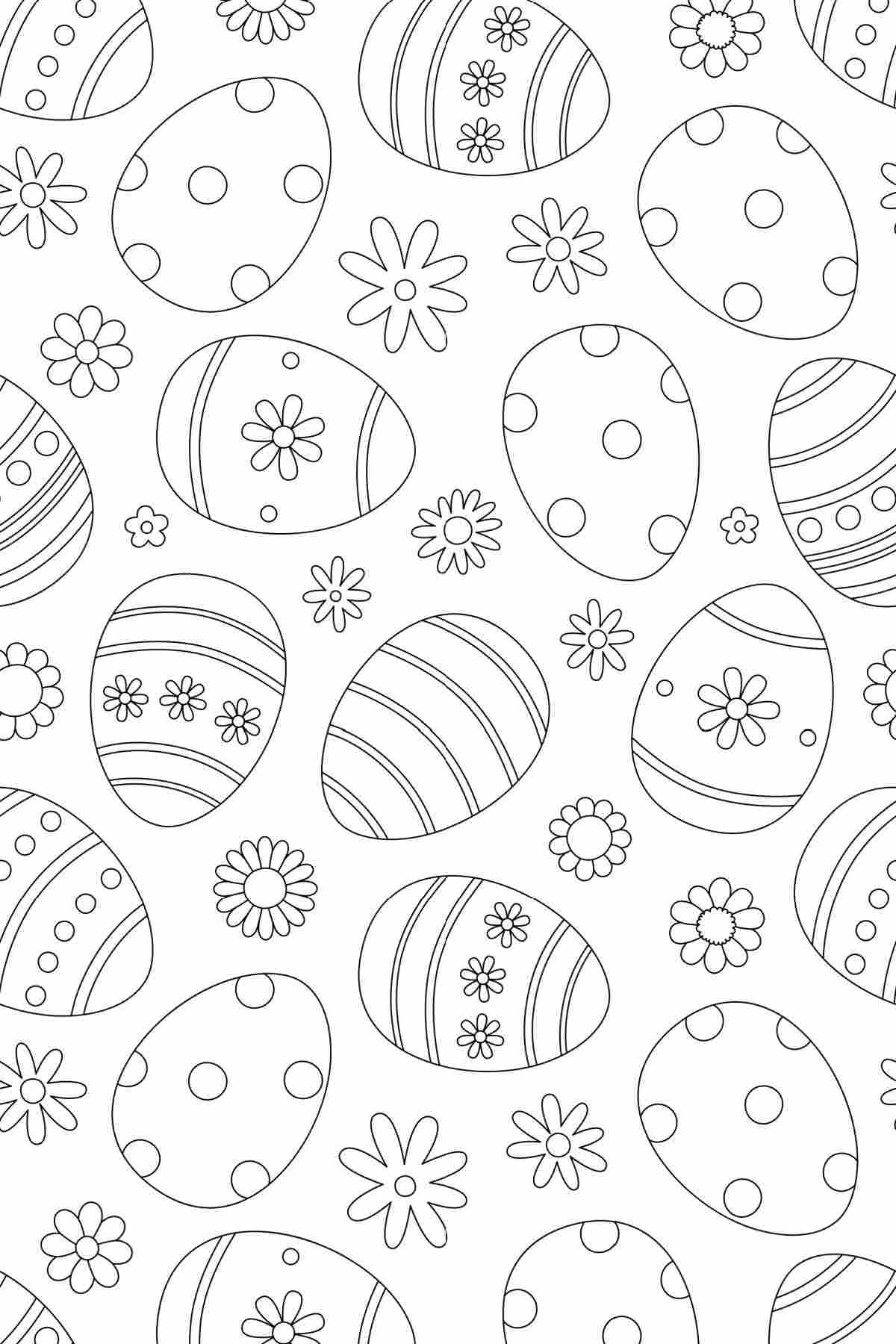 An Easter eggs coloring pages printable with Easter eggs with cute designs on them and flowers arranged in various directions filling the entire page.