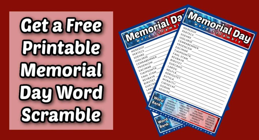 Get a Memorial Day Word Scramble - Free Printable & Answer Key