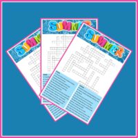 Three free summer crossword puzzles fanned out across a blue background.