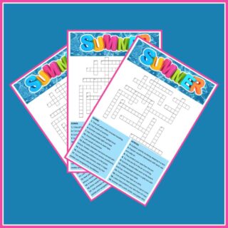 Three free summer crossword puzzles fanned out across a blue background.