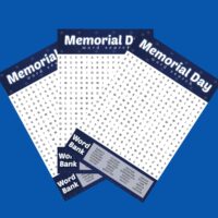 Three free Memorial Day word search printables fanned out across a blue background.