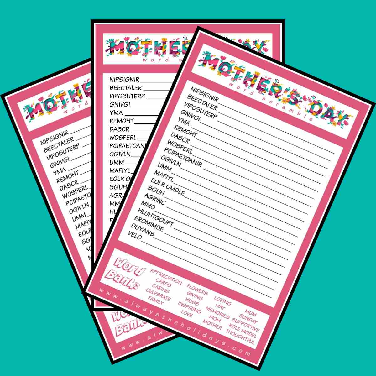 Three free Mother's Day word scrambles fanned out across a mint green background.