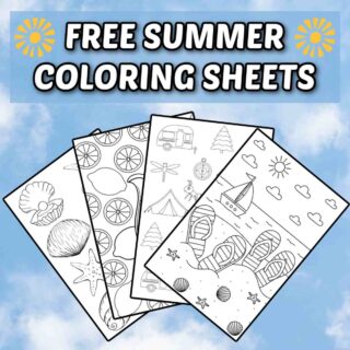 A cloudy sky background with a white text overlay that says free summer coloring sheets in white letters, above four summer coloring pages fanned out beneath the text.