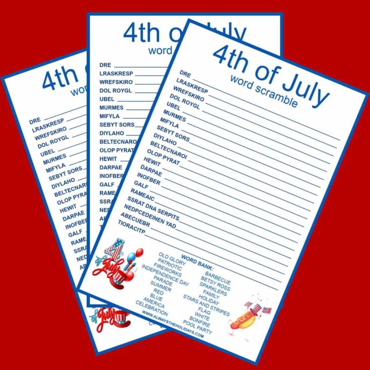 Three free printable 4th of July word scrambles fanned out on a red background.