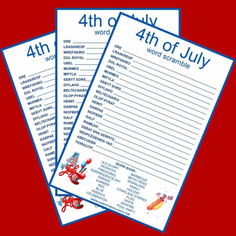Three free printable 4th of July word scrambles fanned out on a red background.