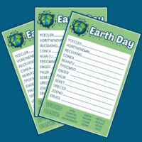 Three free printable Earth Day word scrambles fanned out on a blue background.