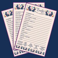 Three free printable Easter word scrambles fanned out on a dark blue background.