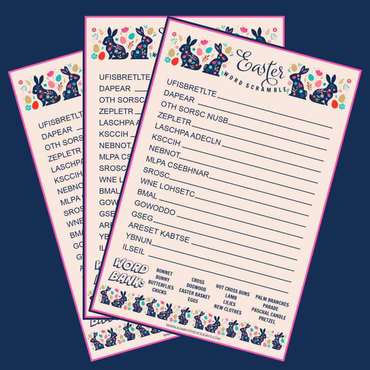 Three free printable Easter word scrambles fanned out on a dark blue background.