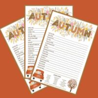 Three free printable fall word scrambles fanned out on an orange background.