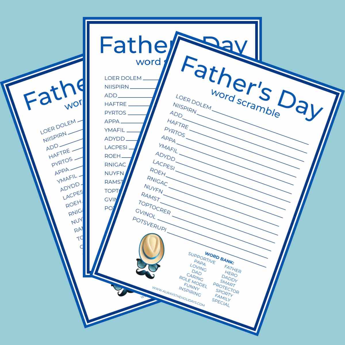 Three free printable Father's Day word scrambles fanned out on a light blue background.