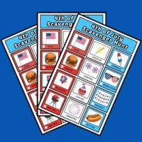 Three free 4th of July scavenger hunt printables fanned out across a square blue background.