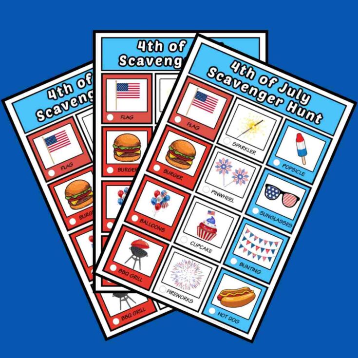 Three free 4th of July scavenger hunt printables fanned out across a square blue background.