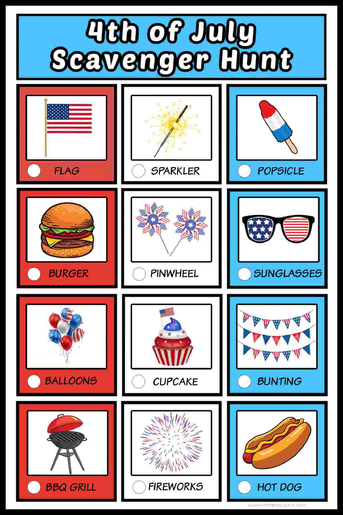 A free July 4th scavenger hunt featuring twelve items you might see on the holiday with a text overlay in a blue rectangle at the top that says 4th of July scavenger hunt, with the twelve items below the text (American flag, sparkler, popsicle, hamburger, pinwheels, sunglasses, balloons, cupcake, bunting, BBQ grill, fireworks and hot dog).