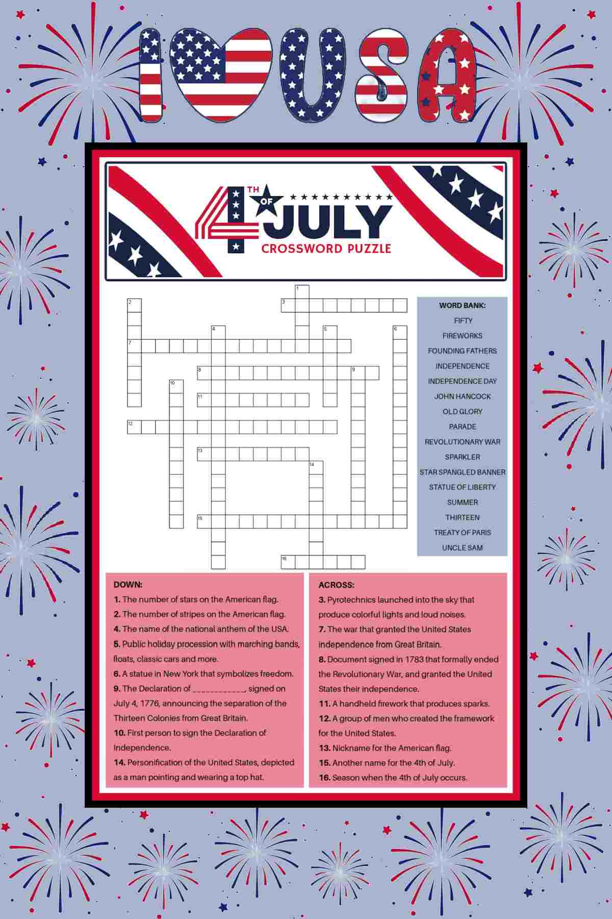 A free Fourth of July printable crossword puzzle in the center of a blue background, with fireworks exploding all around it, and text that says I Heart USA in patriotic lettering.