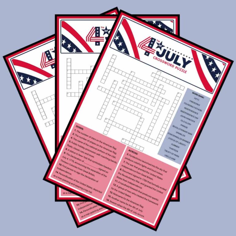 Three free July 4th crossword puzzles, with word banks included, fanned out across a light blue background.