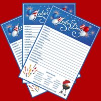 Three free printable Labor Day word scrambles fanned out on a red background.