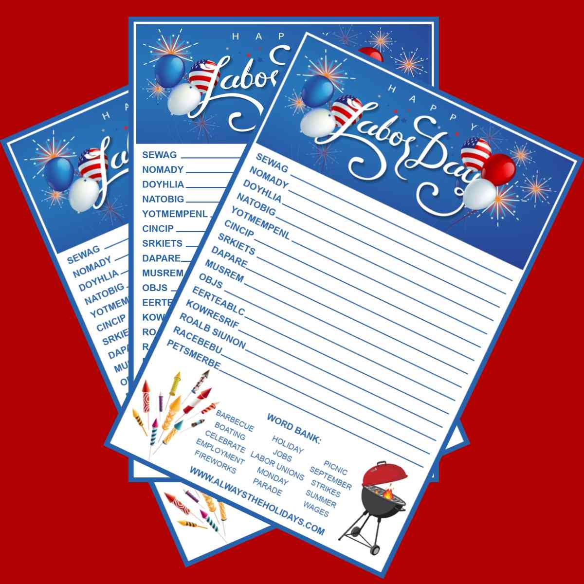 Three free printable Labor Day word scrambles fanned out on a red background.