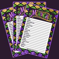 Three free printable Mardi Gras word scrambles fanned out on a dark purple background.