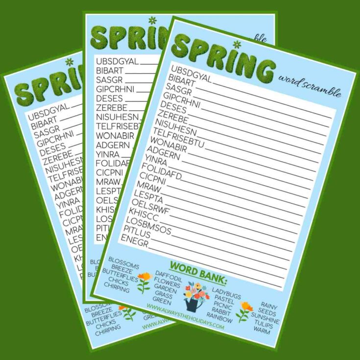 Three free printable spring word scrambles fanned out on a green background.