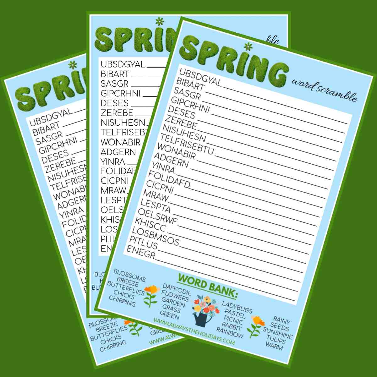 Three free printable spring word scrambles fanned out on a green background.