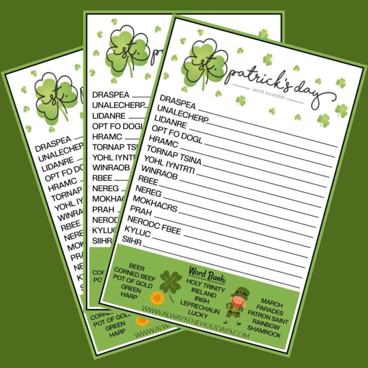 Three free printable spring word scrambles fanned out on a green background.