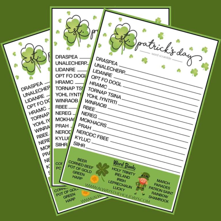 Three free printable spring word scrambles fanned out on a green background.