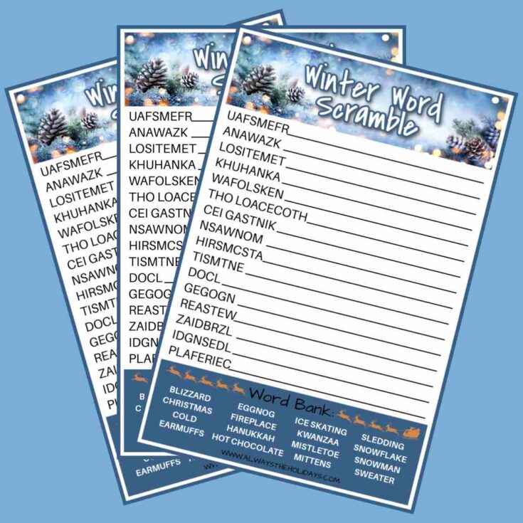 Three free printable winter word scrambles fanned out on a light blue background.