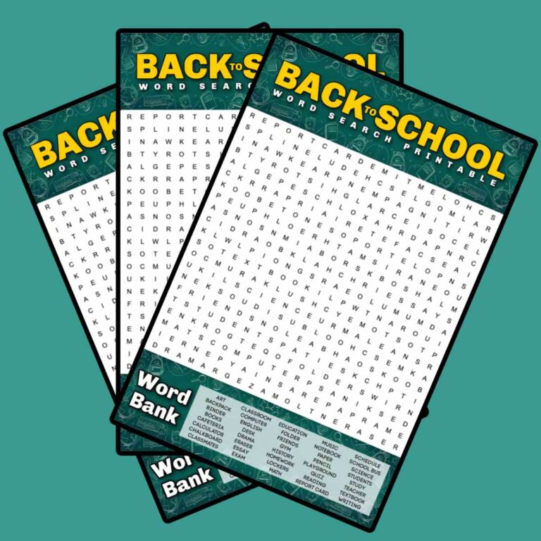 Three back to school printables fanned out across a teal background, with a yellow text overlay at the top of each on that says back to school word search printable.