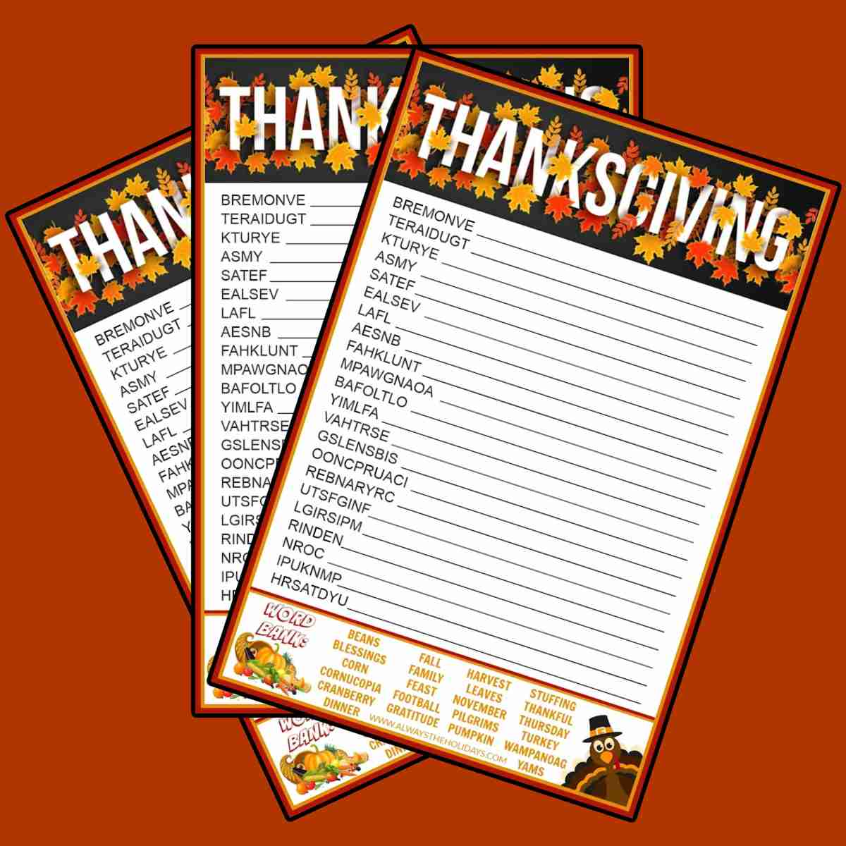 Three free Thanksgiving word scrambles fanned out across a reddish orange background.