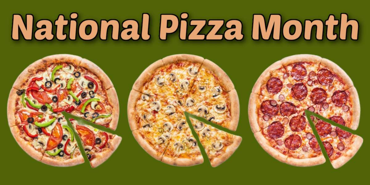 Three pizzas with a slice being pulled out of them, and a text overlay above that says National Pizza Month.