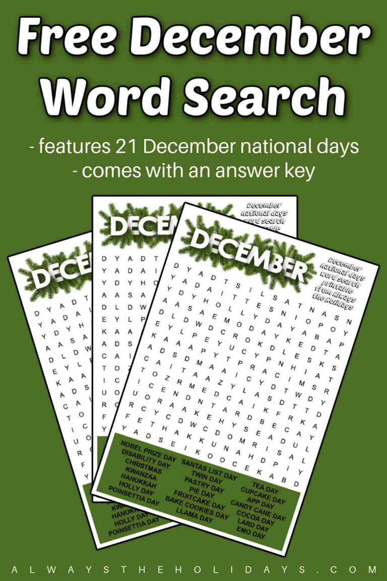 December Word Search Printable - National Days Word Find Puzzle