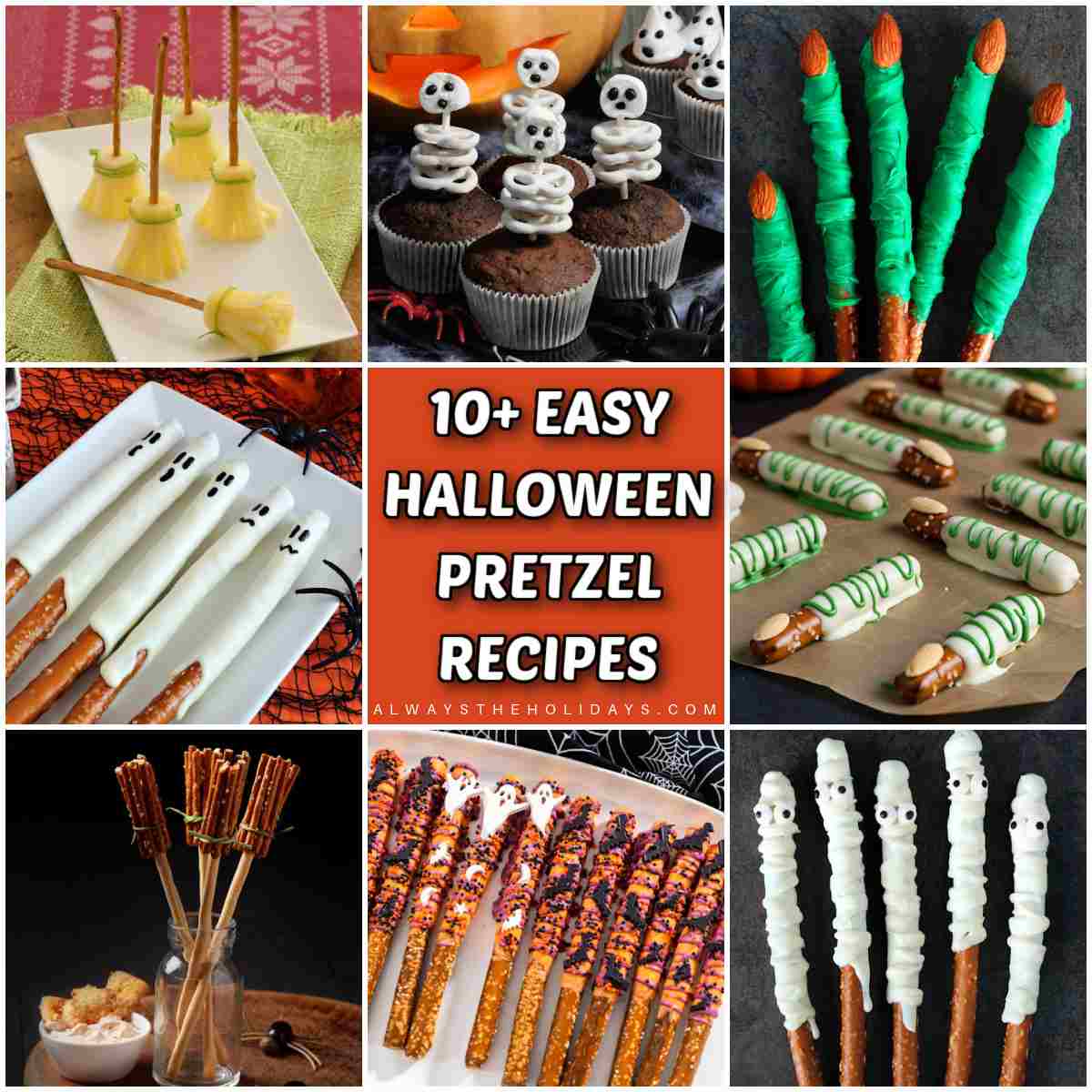 A square of Halloween pretzels ideas with a text overlay in the center that says 10+ easy Halloween pretzel recipes, and the recipes included both Halloween pretzels rods and witches broom pretzel treats.