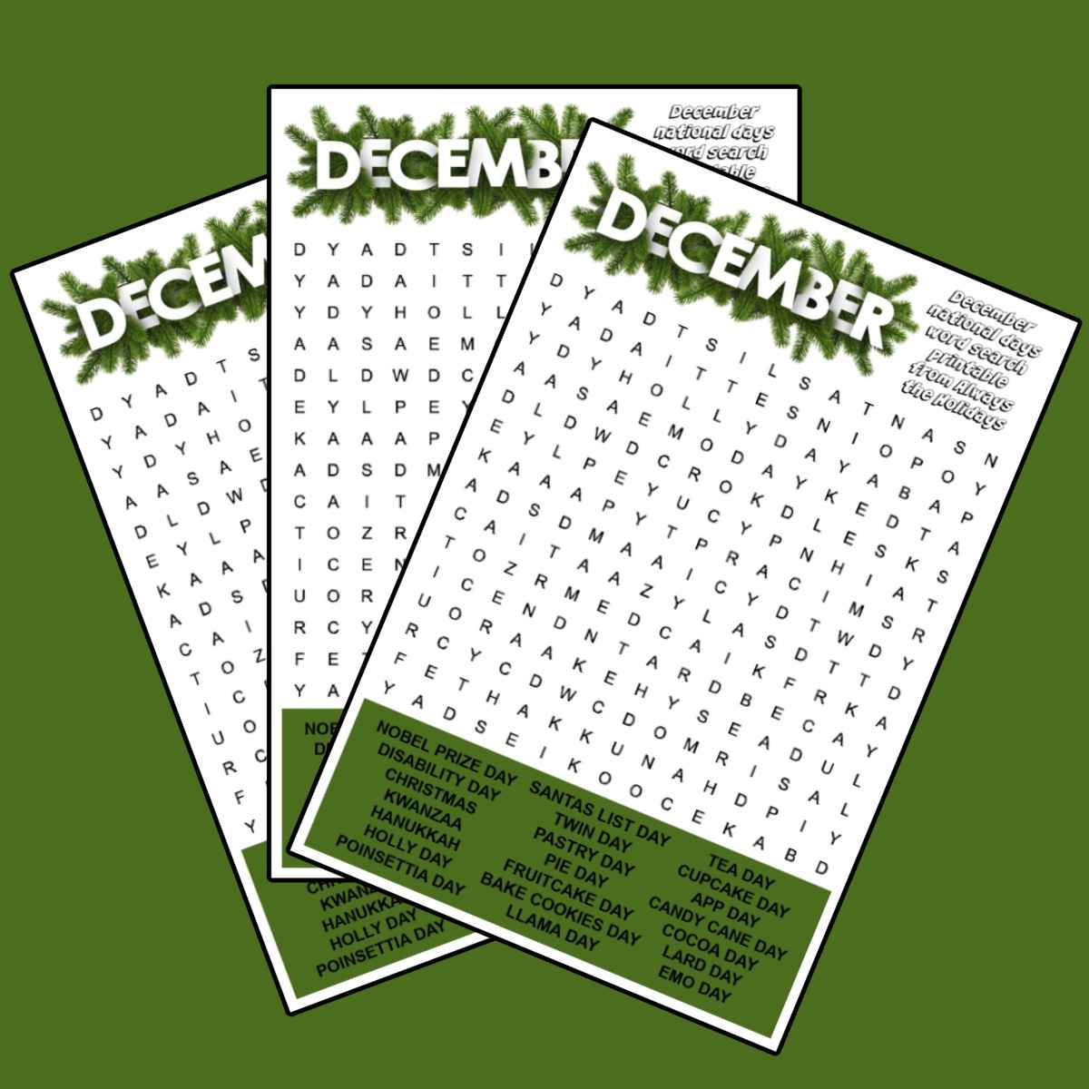 Three free December word searches fanned out across a medium green background.