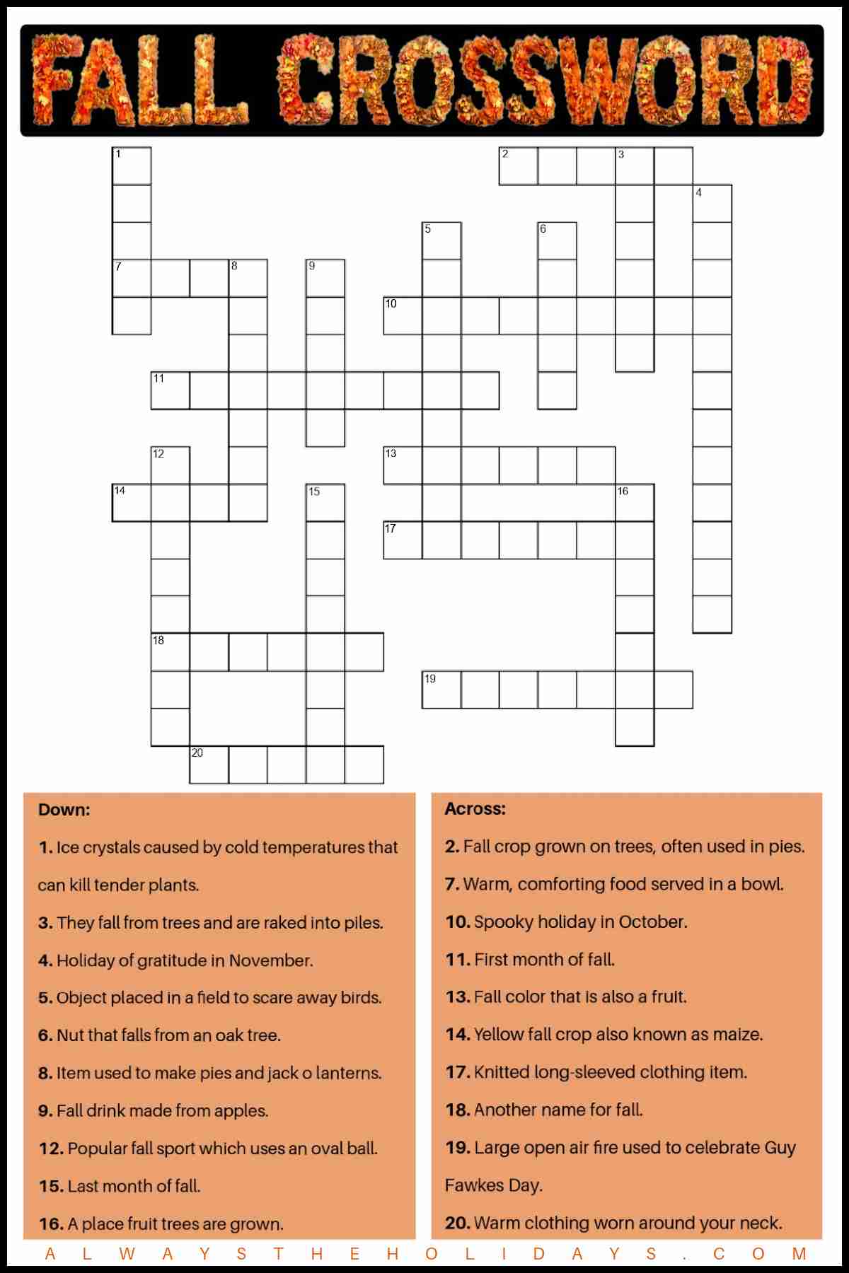 A free autumn crossword puzzle printable with the clues at the bottom in orange boxes, and a text overlay made of fall leaves at the top that says fall crossword.