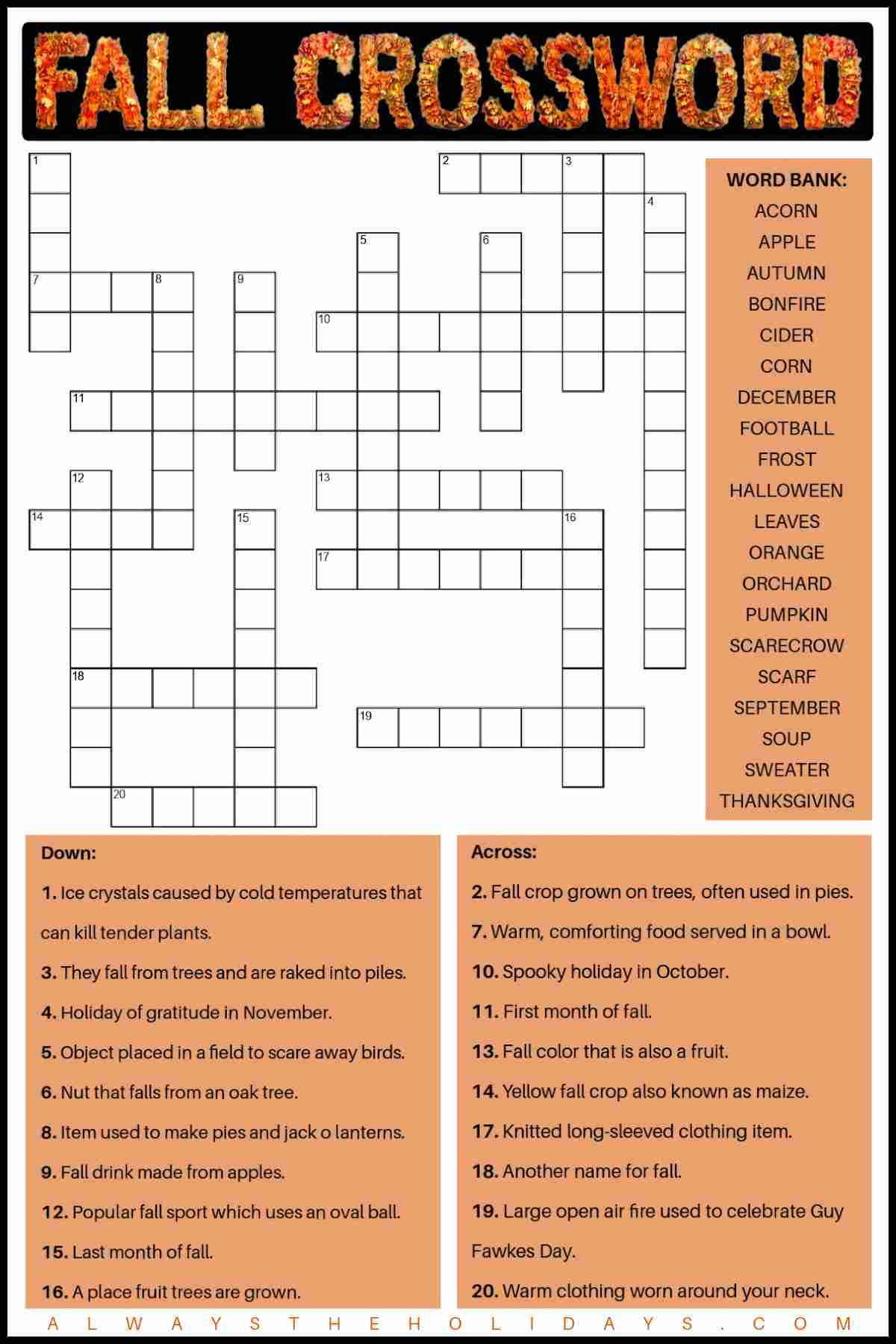 A free fall crossword puzzle printable with a word bank to the right of the puzzle, the clues below it, and a text overlay made of autumn leaves that spells out fall crossword in a black box above the puzzle.