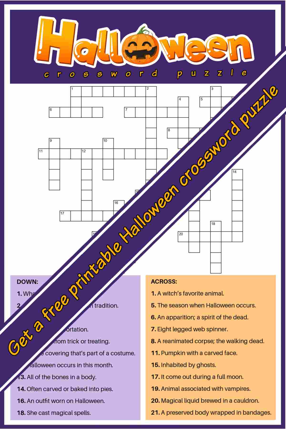 A free Halloween crossword printable with a purple banner diagonally across it with light orange text on top of it that reads get a free printable Halloween crossword puzzle.