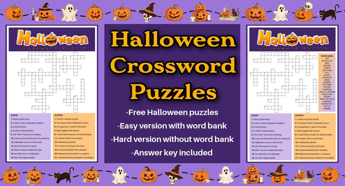 Two Halloween printables flanking a dark purple square with an orange text overlay on it that says Halloween crossword puzzles, and a border of tiny pumpkins, ghosts and black cats running along the top and bottom of the image.