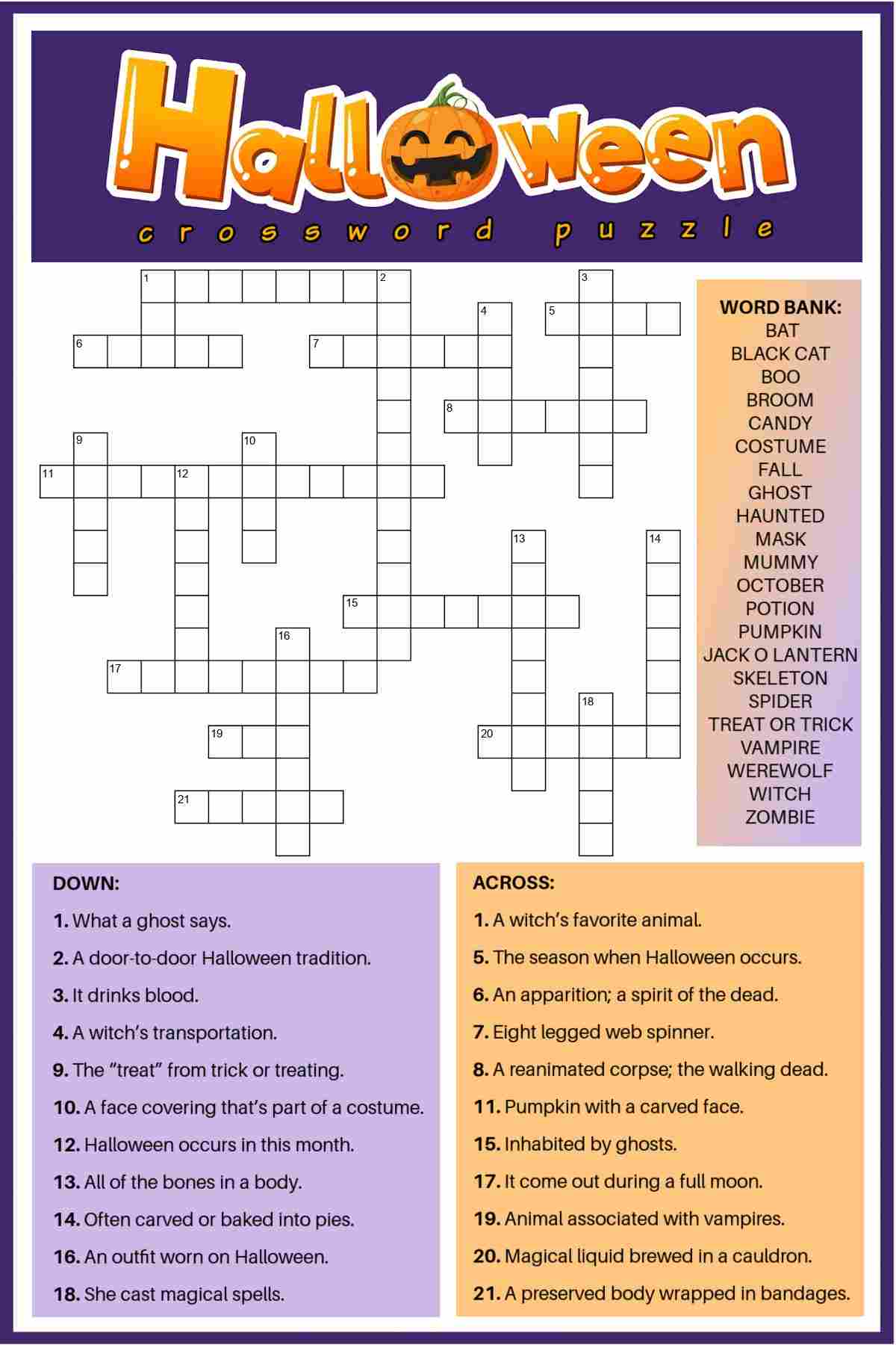 A free printable Halloween crossword puzzle with a word bank beside it, the clues in purple and orange boxes at the bottom and a text overlay for the free Halloween crossword at the top of the image in large bubble letters.