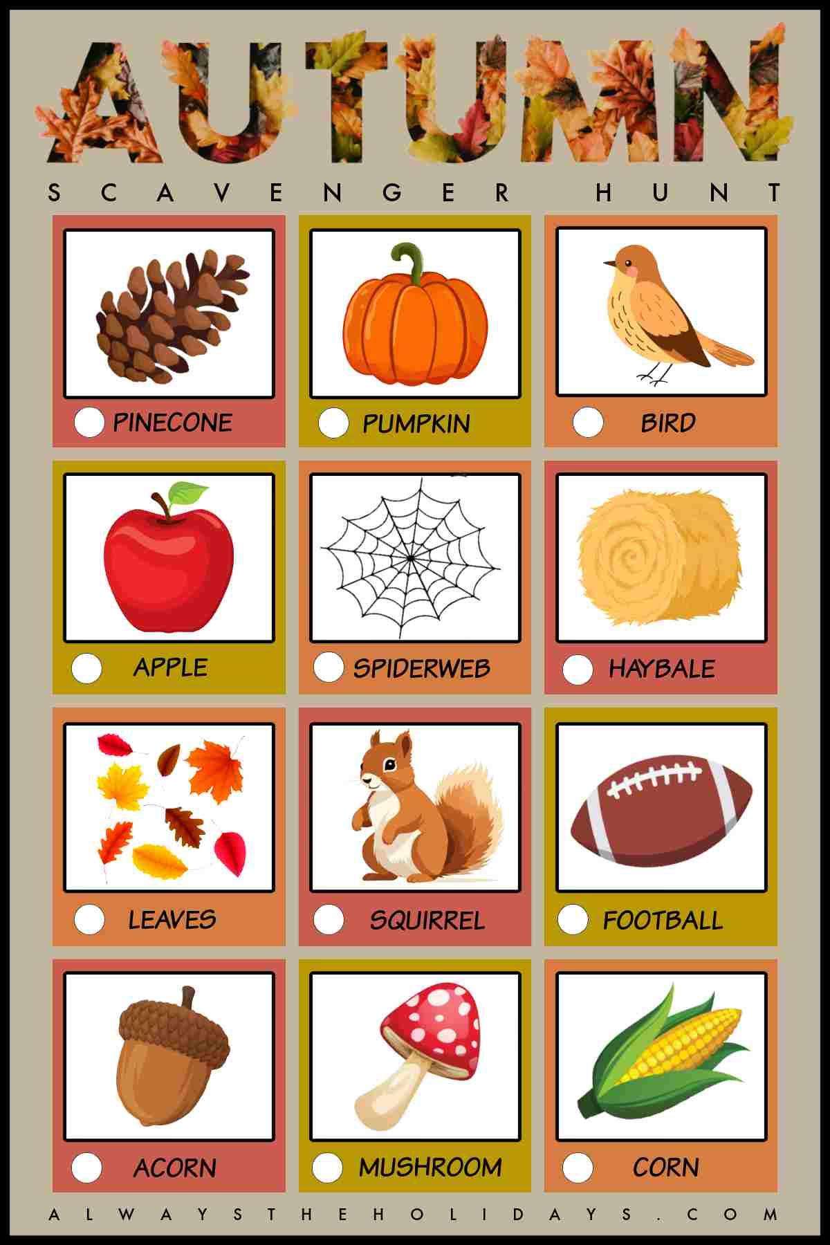 A free printable fall scavenger hunt with the words autumn scavenger hunt at the top, above 12 boxes, each with a different item you might find outside during the fall.