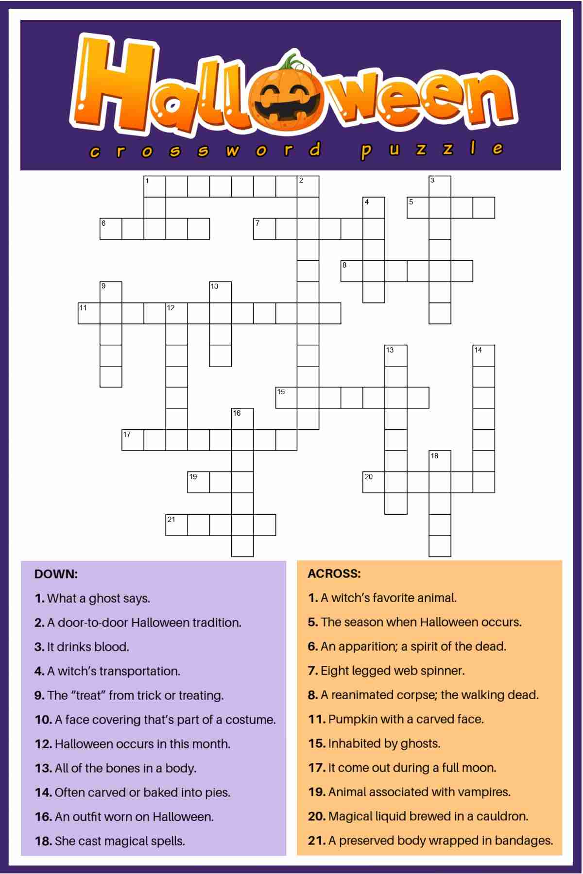 A free printable crossword puzzle for Halloween with the clues at the bottom in orange and purple boxes, the puzzle in the center and a text overlay at the top that says Halloween crossword puzzle in large bubble letters.