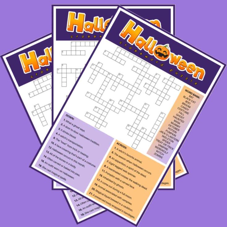 Three free printable Halloween crossword puzzles fanned out on a light purple background.