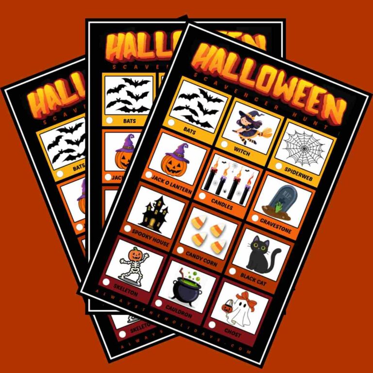 Three free printable scavenger hunts fanned out on top of each other across an orange background.
