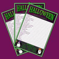 Three Halloween word scrambles fanned out across a purple background. Each Halloween scramble has green text at the top, the scramble in the center, and a word bank a the bottom.