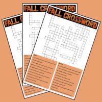 Three fall puzzles fanned out across a peach background, with the words fall crossword at the top of each one.