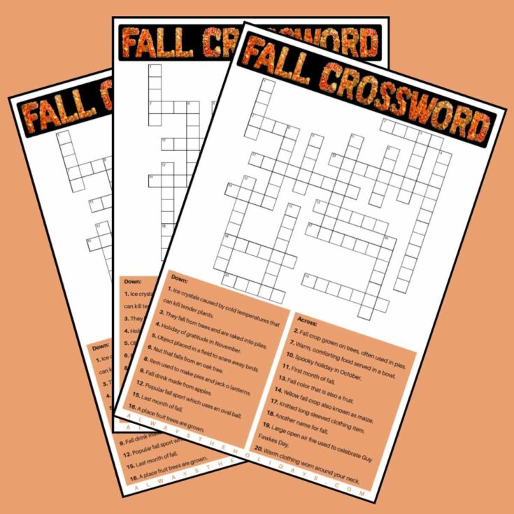 Three fall puzzles fanned out across a peach background, with the words fall crossword at the top of each one.