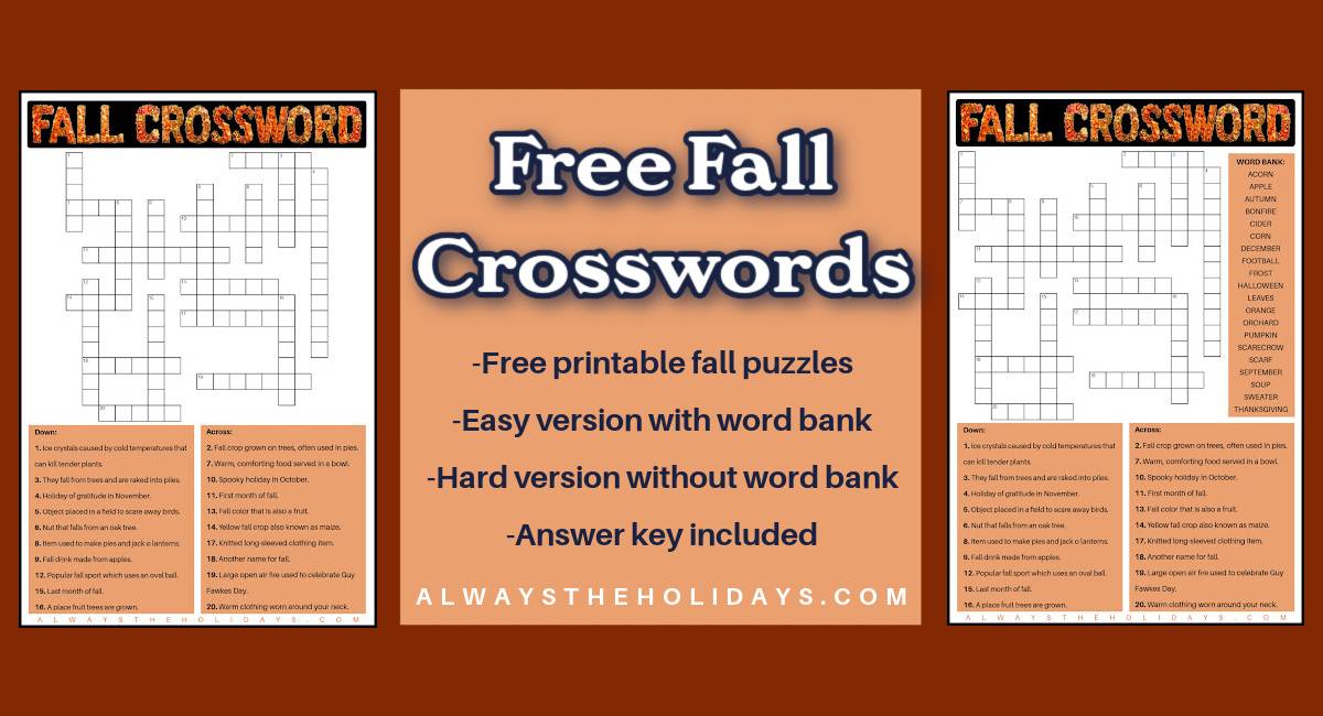 A white text overlay that says free fall crosswords in between two autumn puzzles, one of which is a crossword puzzle with a word bank, and the other is a crossword puzzle without a word bank.