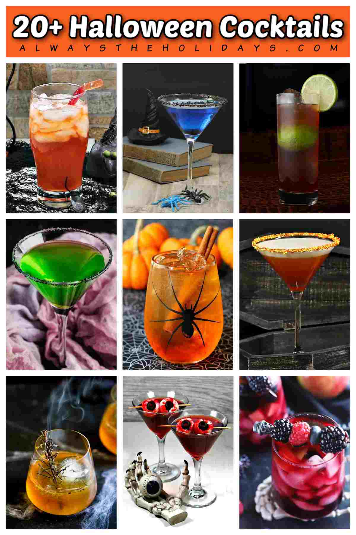 A white text overlay that says 20+ Halloween cocktails in an orange rectangle above a collage of 9 spooky cocktails for Halloween including Halloween martinis, Halloween punches, and Halloween mixed drinks with creative cocktail garnishes, themed glasses, and decorations around them.
