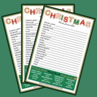 Three free printable Christmas word scrambles fanned out over a green background.