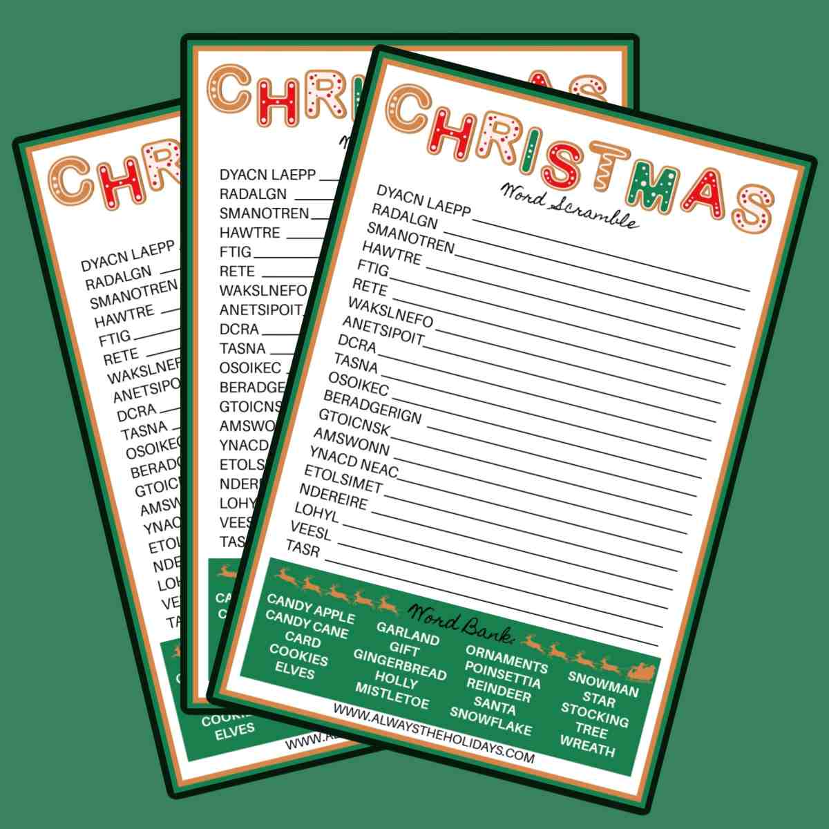 Three free printable Christmas word scrambles fanned out over a green background.