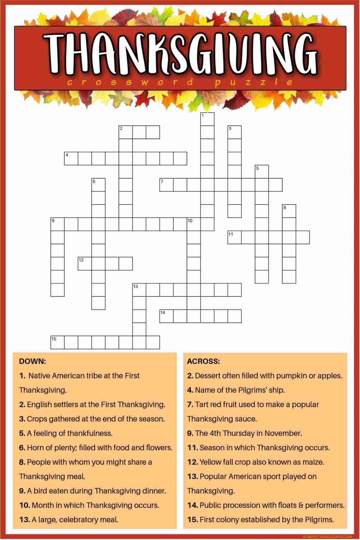A free crossword puzzle for Thanksgiving with the word Thanksgiving at the top in white letters between two rows of leaves, the word puzzle in the center, and the crossword clues at the bottom of the printable in orange boxes.